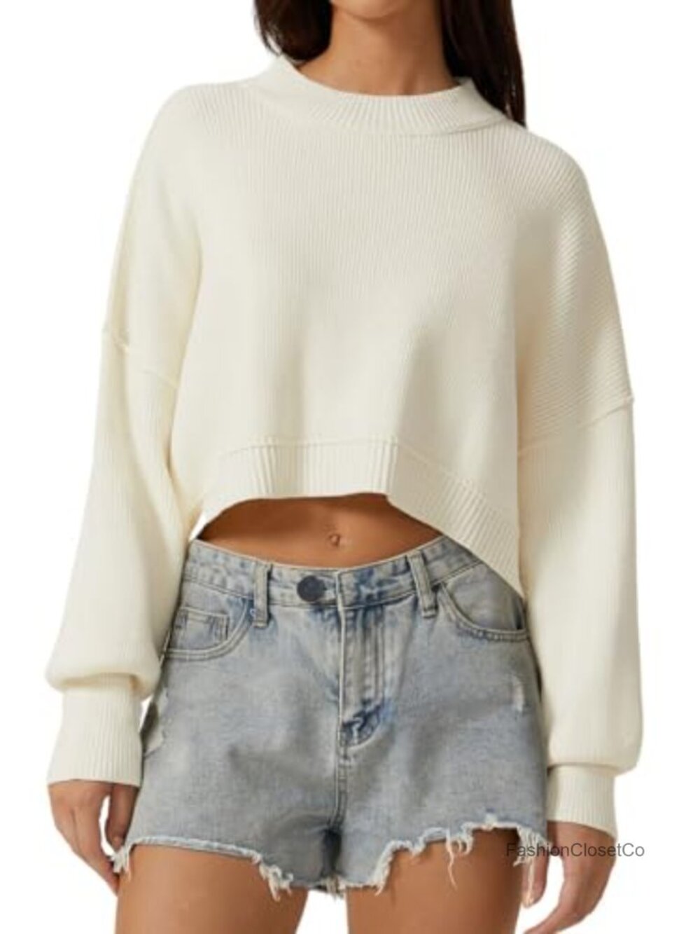 Mock Neck Cropped Sweater Drop Shoulder Oversized Knit Pullover